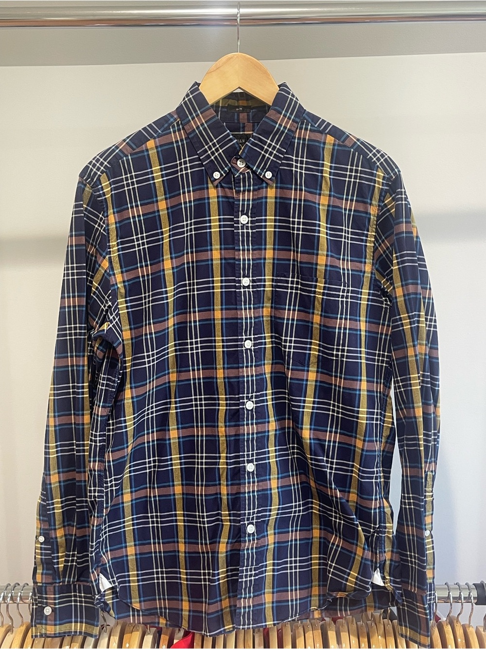 J. Crew Navy Plaid Button-Down Shirt with Yellow and Brown Accents - Size Slim M